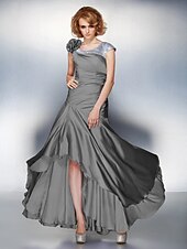 cheap Mother of the Bride-A-Line Mother of the Bride Dress Lace Up Scoop Neck Asymmetrical Satin Chiffon Short Sleeve with Sequin Side Draping Flower 2021