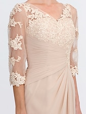 economico Lunghezza del pavimento-ts beach wedding a-line madre della sposa abito da sposa invitata elegante taglie forti trasparente scollo a V lunghezza pavimento chiffon mezza manica con applicazioni drappeggio laterale 2025