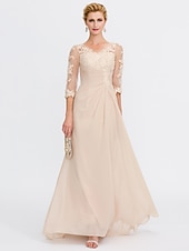economico Lunghezza del pavimento-ts beach wedding a-line madre della sposa abito da sposa invitata elegante taglie forti trasparente scollo a V lunghezza pavimento chiffon mezza manica con applicazioni drappeggio laterale 2025