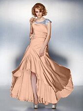 cheap Mother of the Bride-A-Line Mother of the Bride Dress Lace Up Scoop Neck Asymmetrical Satin Chiffon Short Sleeve with Sequin Side Draping Flower 2021