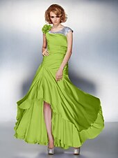 cheap Mother of the Bride-A-Line Mother of the Bride Dress Lace Up Scoop Neck Asymmetrical Satin Chiffon Short Sleeve with Sequin Side Draping Flower 2021