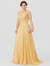 preiswerte Bodenlänge-A-Linie Mutter der Braut Kleid Hochzeitsgast Elegant Plus Size Illusionshals Sweep  Brush Zug Chiffon Perlenbesetzte Spitze Kurze Ärmel ohne Schleife(n) Falten 2025 kostenlose Maßanfertigung