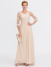 economico Lunghezza del pavimento-ts beach wedding a-line madre della sposa abito da sposa invitata elegante taglie forti trasparente scollo a V lunghezza pavimento chiffon mezza manica con applicazioni drappeggio laterale 2025