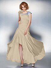 cheap Mother of the Bride-A-Line Mother of the Bride Dress Lace Up Scoop Neck Asymmetrical Satin Chiffon Short Sleeve with Sequin Side Draping Flower 2021