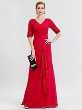 cheap Mother of the Bride-Sheath / Column Mother of the Bride Dress Formal Elegant V Neck Floor Length Chiffon Corded Lace Half Sleeve with Criss Cross 2023