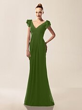 billige Bryllup og hendelser-Havfrue Ballkjoler Kjole Formell kveld Militærball Sweep / Børste train Kortermet V-hals Chiffon med Drapert Drapering 2025