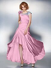 cheap Mother of the Bride-A-Line Mother of the Bride Dress Lace Up Scoop Neck Asymmetrical Satin Chiffon Short Sleeve with Sequin Side Draping Flower 2021
