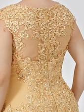 preiswerte Bodenlänge-A-Linie Mutter der Braut Kleid Hochzeitsgast Elegant Plus Size Illusionshals Sweep  Brush Zug Chiffon Perlenbesetzte Spitze Kurze Ärmel ohne Schleife(n) Falten 2025 kostenlose Maßanfertigung