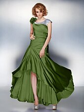 cheap Mother of the Bride-A-Line Mother of the Bride Dress Lace Up Scoop Neck Asymmetrical Satin Chiffon Short Sleeve with Sequin Side Draping Flower 2021