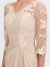 economico Lunghezza del pavimento-ts beach wedding a-line madre della sposa abito da sposa invitata elegante taglie forti trasparente scollo a V lunghezza pavimento chiffon mezza manica con applicazioni drappeggio laterale 2025