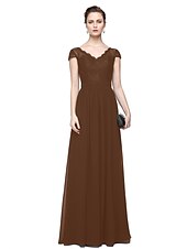 cheap Evening Dresses-Sheath / Column Minimalist Elegant Formal Evening Wedding Party Dress V Neck Short Sleeve Floor Length Chiffon Lace with Lace Insert 2021