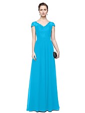 cheap Evening Dresses-Sheath / Column Minimalist Elegant Formal Evening Wedding Party Dress V Neck Short Sleeve Floor Length Chiffon Lace with Lace Insert 2021