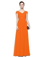 cheap Evening Dresses-Sheath / Column Minimalist Elegant Formal Evening Wedding Party Dress V Neck Short Sleeve Floor Length Chiffon Lace with Lace Insert 2021