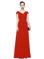 cheap Evening Dresses-Sheath / Column Minimalist Elegant Formal Evening Wedding Party Dress V Neck Short Sleeve Floor Length Chiffon Lace with Lace Insert 2021