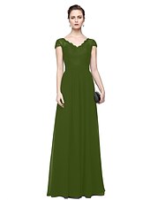 cheap Evening Dresses-Sheath / Column Minimalist Elegant Formal Evening Wedding Party Dress V Neck Short Sleeve Floor Length Chiffon Lace with Lace Insert 2021