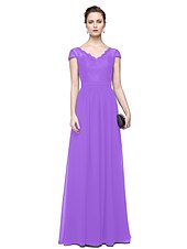 cheap Evening Dresses-Sheath / Column Minimalist Elegant Formal Evening Wedding Party Dress V Neck Short Sleeve Floor Length Chiffon Lace with Lace Insert 2021