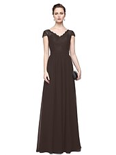 cheap Evening Dresses-Sheath / Column Minimalist Elegant Formal Evening Wedding Party Dress V Neck Short Sleeve Floor Length Chiffon Lace with Lace Insert 2021