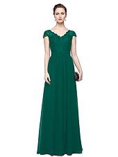 cheap Evening Dresses-Sheath / Column Minimalist Elegant Formal Evening Wedding Party Dress V Neck Short Sleeve Floor Length Chiffon Lace with Lace Insert 2021
