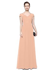 cheap Evening Dresses-Sheath / Column Minimalist Elegant Formal Evening Wedding Party Dress V Neck Short Sleeve Floor Length Chiffon Lace with Lace Insert 2021