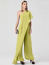 cheap Wedding Guest Dresses-Jumpsuits Sexy Dress Formal Evening Floor Length Sleeveless One Shoulder Fall Wedding Guest Chiffon with Draping