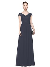 cheap Evening Dresses-Sheath / Column Minimalist Elegant Formal Evening Wedding Party Dress V Neck Short Sleeve Floor Length Chiffon Lace with Lace Insert 2021