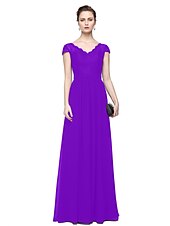 cheap Evening Dresses-Sheath / Column Minimalist Elegant Formal Evening Wedding Party Dress V Neck Short Sleeve Floor Length Chiffon Lace with Lace Insert 2021