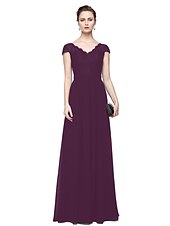 cheap Evening Dresses-Sheath / Column Minimalist Elegant Formal Evening Wedding Party Dress V Neck Short Sleeve Floor Length Chiffon Lace with Lace Insert 2021