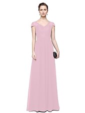 cheap Evening Dresses-Sheath / Column Minimalist Elegant Formal Evening Wedding Party Dress V Neck Short Sleeve Floor Length Chiffon Lace with Lace Insert 2021