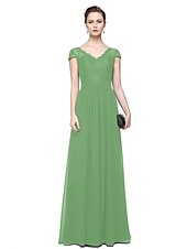 cheap Evening Dresses-Sheath / Column Minimalist Elegant Formal Evening Wedding Party Dress V Neck Short Sleeve Floor Length Chiffon Lace with Lace Insert 2021