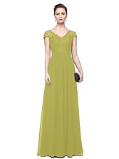 cheap Evening Dresses-Sheath / Column Minimalist Elegant Formal Evening Wedding Party Dress V Neck Short Sleeve Floor Length Chiffon Lace with Lace Insert 2021
