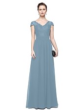 cheap Evening Dresses-Sheath / Column Minimalist Elegant Formal Evening Wedding Party Dress V Neck Short Sleeve Floor Length Chiffon Lace with Lace Insert 2021