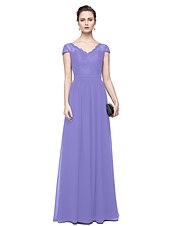 cheap Evening Dresses-Sheath / Column Minimalist Elegant Formal Evening Wedding Party Dress V Neck Short Sleeve Floor Length Chiffon Lace with Lace Insert 2021