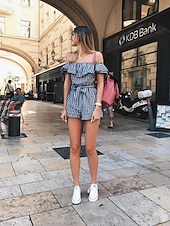 abordables Combinaisons &amp; Combishorts Femme-Femme Quotidien / Vacances / Soirée Barboteuse - Carreaux / Vacances, Treillis / Mode Taille Haute Bateau / Eté / A Volants