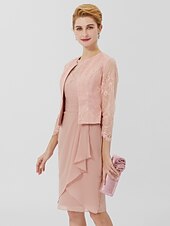 cheap Mother of the Bride-Sheath / Column Mother of the Bride Dress Formal Classic &amp; Timeless Elegant &amp; Luxurious Convertible Dress Jewel Neck Knee Length Chiffon Sheer Lace 3/4 Length Sleeve with Sash / Ribbon 2023