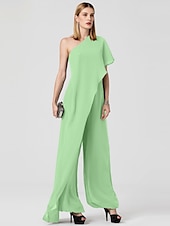 cheap Wedding Guest Dresses-Jumpsuits Sexy Dress Formal Evening Floor Length Sleeveless One Shoulder Fall Wedding Guest Chiffon with Draping
