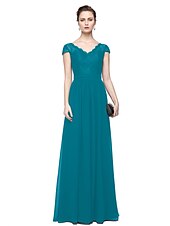 cheap Evening Dresses-Sheath / Column Minimalist Elegant Formal Evening Wedding Party Dress V Neck Short Sleeve Floor Length Chiffon Lace with Lace Insert 2021