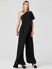 cheap Wedding Guest Dresses-Jumpsuits Sexy Dress Formal Evening Floor Length Sleeveless One Shoulder Fall Wedding Guest Chiffon with Draping