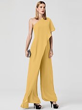 cheap Wedding Guest Dresses-Jumpsuits Sexy Dress Formal Evening Floor Length Sleeveless One Shoulder Fall Wedding Guest Chiffon with Draping