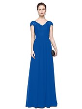 cheap Evening Dresses-Sheath / Column Minimalist Elegant Formal Evening Wedding Party Dress V Neck Short Sleeve Floor Length Chiffon Lace with Lace Insert 2021
