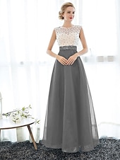 economico Abiti per le feste-Abito Elegante A-Line Invitate a Matrimoni Prom Lunghezza a Terra Senza Maniche Collo Illusione Tulle su Pizzo con Perlina