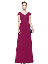 cheap Evening Dresses-Sheath / Column Minimalist Elegant Formal Evening Wedding Party Dress V Neck Short Sleeve Floor Length Chiffon Lace with Lace Insert 2021