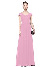 cheap Evening Dresses-Sheath / Column Minimalist Elegant Formal Evening Wedding Party Dress V Neck Short Sleeve Floor Length Chiffon Lace with Lace Insert 2021
