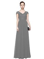 cheap Evening Dresses-Sheath / Column Minimalist Elegant Formal Evening Wedding Party Dress V Neck Short Sleeve Floor Length Chiffon Lace with Lace Insert 2021