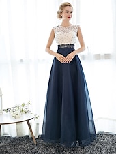 economico Abiti per le feste-Abito Elegante A-Line Invitate a Matrimoni Prom Lunghezza a Terra Senza Maniche Collo Illusione Tulle su Pizzo con Perlina