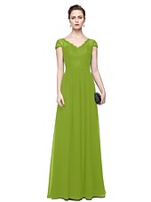cheap Evening Dresses-Sheath / Column Minimalist Elegant Formal Evening Wedding Party Dress V Neck Short Sleeve Floor Length Chiffon Lace with Lace Insert 2021