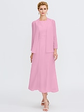 voordelige Met Jas-Strand Bruiloft Twee Delige Sheath Moeder van de Bruid Jurk Bruids Gast Elegante Plus Size Edelsteenhals Thee Lengte Chiffon Mouwloos Wrap Inbegrepen met Ceintuur  Riem Plooien Beading 2025