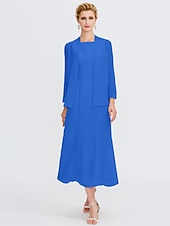 voordelige Met Jas-Strand Bruiloft Twee Delige Sheath Moeder van de Bruid Jurk Bruids Gast Elegante Plus Size Edelsteenhals Thee Lengte Chiffon Mouwloos Wrap Inbegrepen met Ceintuur  Riem Plooien Beading 2025