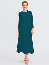 voordelige Met Jas-Strand Bruiloft Twee Delige Sheath Moeder van de Bruid Jurk Bruids Gast Elegante Plus Size Edelsteenhals Thee Lengte Chiffon Mouwloos Wrap Inbegrepen met Ceintuur  Riem Plooien Beading 2025