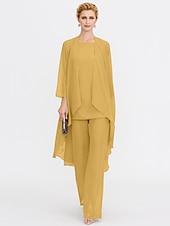 billiga Mammas byxdräkter-Strand Bröllop Jumpsuit/Byxdräkt 3 Delar Mor Till Brud Bröllops Gäst Elegant Plus Size Inkluderat Bateau Hals Golvlängd Chiffon Ärmlös Jacka es med Enfärgade Färger