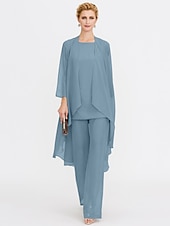 billiga Mammas byxdräkter-Strand Bröllop Jumpsuit/Byxdräkt 3 Delar Mor Till Brud Bröllops Gäst Elegant Plus Size Inkluderat Bateau Hals Golvlängd Chiffon Ärmlös Jacka es med Enfärgade Färger